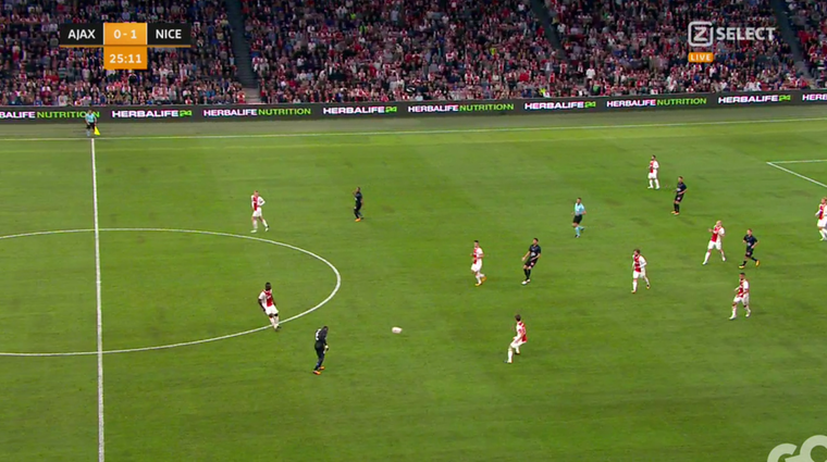 Davinson Sánchez onderschept de bal, waardoor Ajax als winnaar uit de strijd komt in een twee-tegen-twee-situatie.