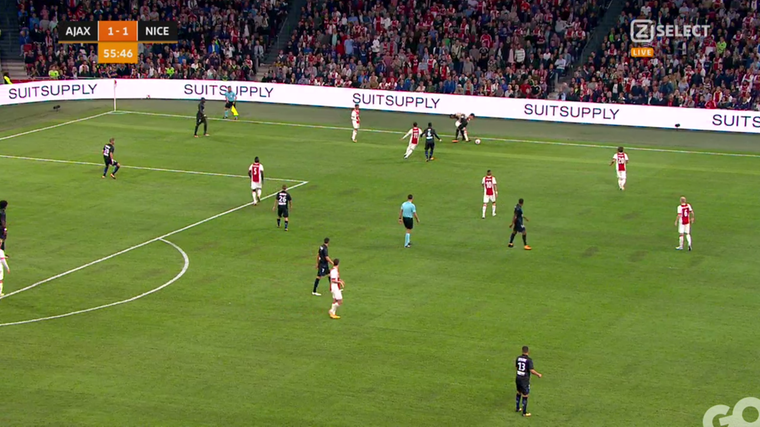 Vijf Ajax-spelers spannen zich in om Nice bij de zijlijn onder druk te zetten. Dit levert de 2-1 op.