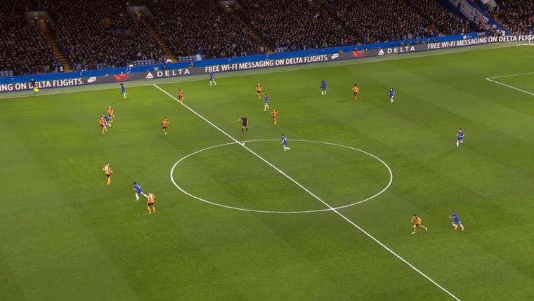 Voorbeeld van omschakelmoment van Chelsea: Pedro zoekt direct de diepte achter de laatste lijn.