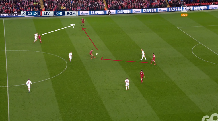 Situatie in de openingsfase. Liverpool probeert verzorgd op te bouwen door driehoekjes te maken tussen de backs, controleur Jordan Henderson en de centrale verdedigers. 