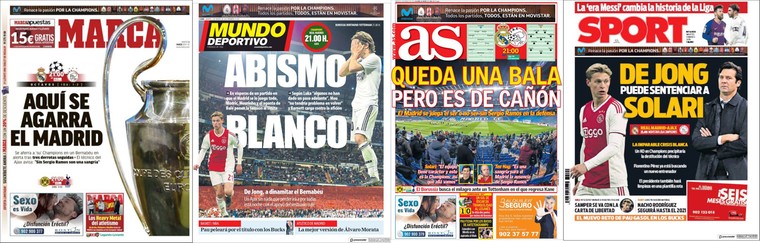 De voorpagina&#039;s van de Spaanse sportkranten dinsdagochtend.