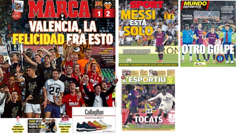 De voorpagina&#039;s van de Spaanse kranten. Marca feliciteert Valencia, Mundo Deportivo en L&#039;Esportiu hebben het over een nieuwe klap voor Barça.
