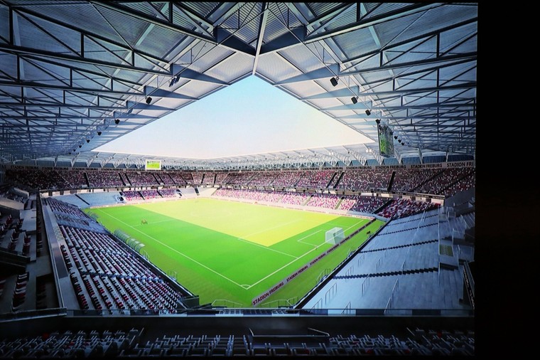 Een ontwerp van het nieuwe stadion van SC Freiburg.