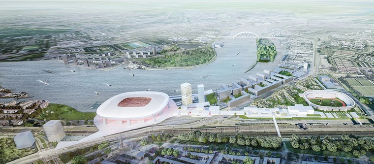 Feyenoord City aan en in de Maas. Het project zou 444 miljoen euro moeten kosten.