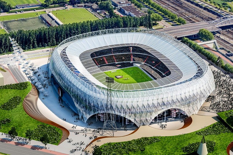 Een computerfoto van het verbouwde Feyenoord-stadion, zoals Red De Kuip het voor ogen had.