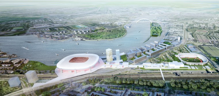 Een impressie van Feyenoord City, met de nieuwe Kuip als stadion in en aan de Maas.