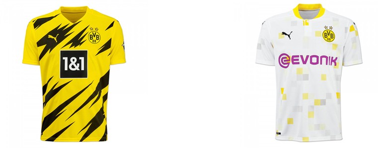 Het uitshirt van Borussia Dortmund volgt nog, rechts is het derde shirt.