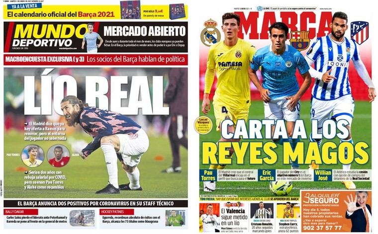 De voorpagina&#039;s van de Spaanse sportkranten van dinsdag.