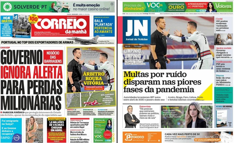 Links: Correio da Manhã: &#039;Scheidsrechter steelt zege&#039;. Rechts: Jornal de Noticiás: &#039;Een gelijkspel met een bittere nasmaak in Belgrado, waar de scheidsrechter de goal van Ronaldo niet goedkeurde&#039;