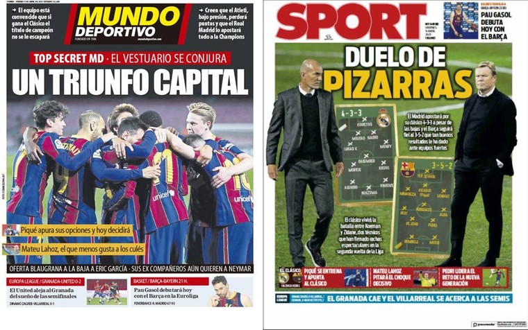 De covers van de Catalaanse sportkranten. MD: &#039;Een kapitale overwinning&#039;. Sport: &#039;Duel op de tekentafels&#039;. 