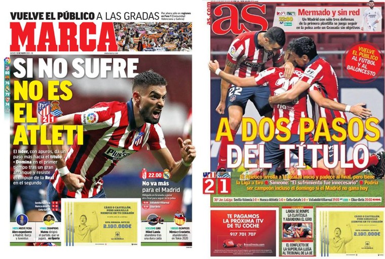 De Madrileense sportkranten openen donderdag met de naderende titel van Atlético. &#039;Zonder te lijden is het geen Atlético&#039;, kopt Marca. &#039;Twee stappen van de titel verwijderd&#039;, schrijft AS.