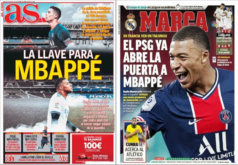 De Spaanse sportkranten AS en Marca pakken uit met het nieuws dat PSG de deur open heeft gezet voor een transfer van Mbappé naar Real Madrid.