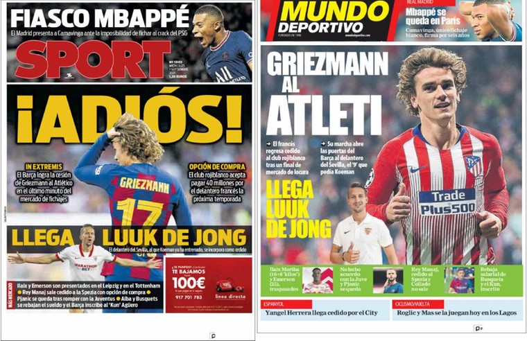 De covers van de Spaanse sportkranten: die uitpakken met het vertrek van Griezmann en de komst van Luuk de Jong naar Barcelona.