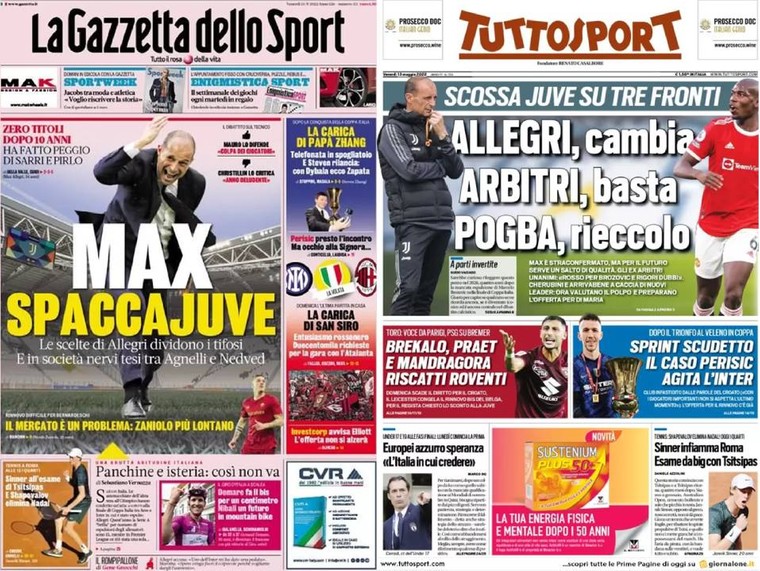 De covers van La Gazetta dello Sport - &#039;Max verdeelt Juve&#039; - en Tuttosport - &#039;Allegri, verandering; Pogba, daar is hij weer&#039;. 