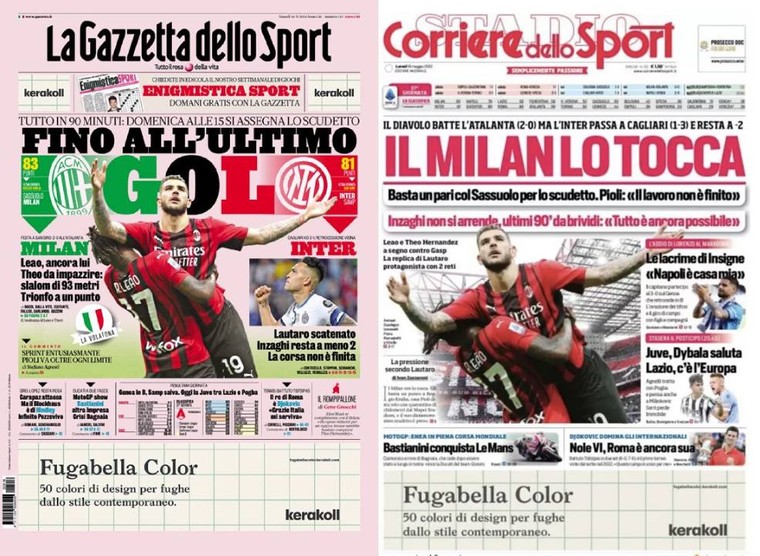 De voorpagina&#039;s van La Gazzetta dello Sport - &#039;Tot het einde&#039; - en Corriere dello Sport - &#039;Milan kan titel al aanraken&#039;. 