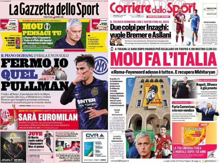 &#039;Mourinho moet Italië redden&#039;, valt te lezen op de voorpagina&#039;s van de Italiaanse sportkranten.