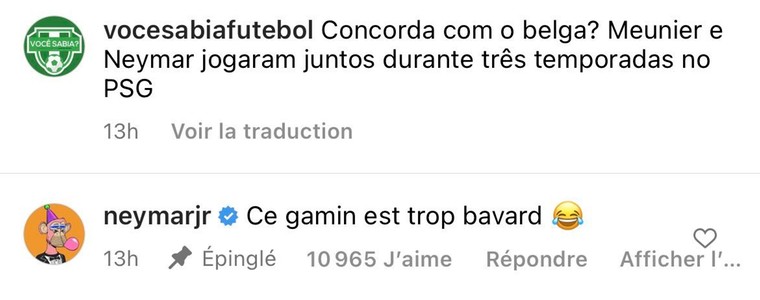 De reactie van Neymar op Instagram in een verwijzing naar het interview van Meunier met Kicker.