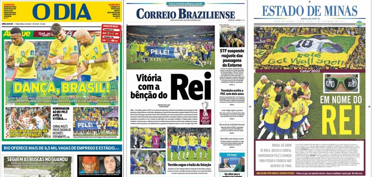 De combinatie tussen de overwinning van Brazilië en het eerbetoon aan Pelé is een veelgemaakte op de voorpagina&#039;s van kranten in het Zuid-Amerikaanse land.
