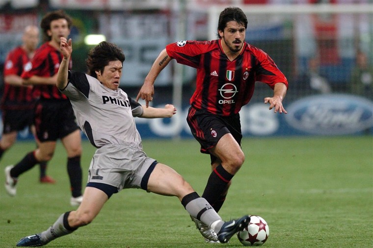 Gennaro Gattuso toen hij 27 jaar oud was, in de halve finale van de Champions League in 2005 tegen PSV.