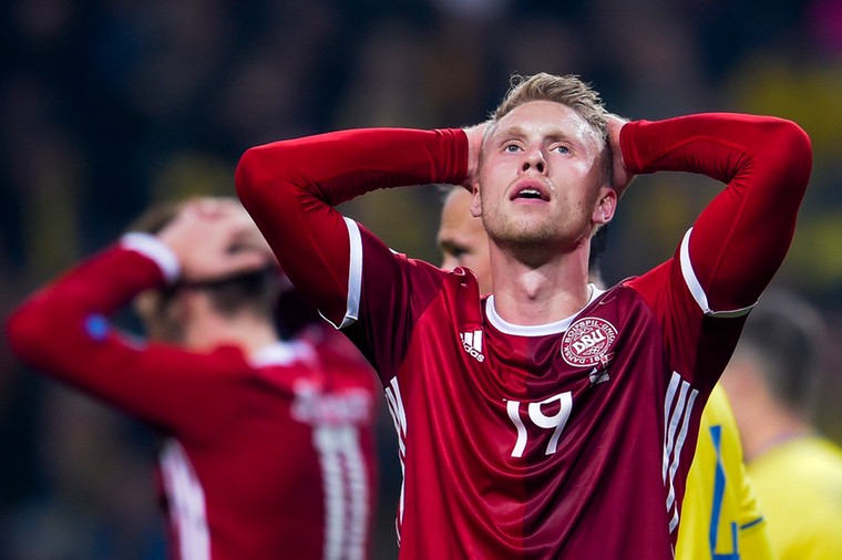 Nicolai Jørgensen als international van Denemarken. Hij kwam tot 39 interlands en speelde drie duels op het WK van 2018.