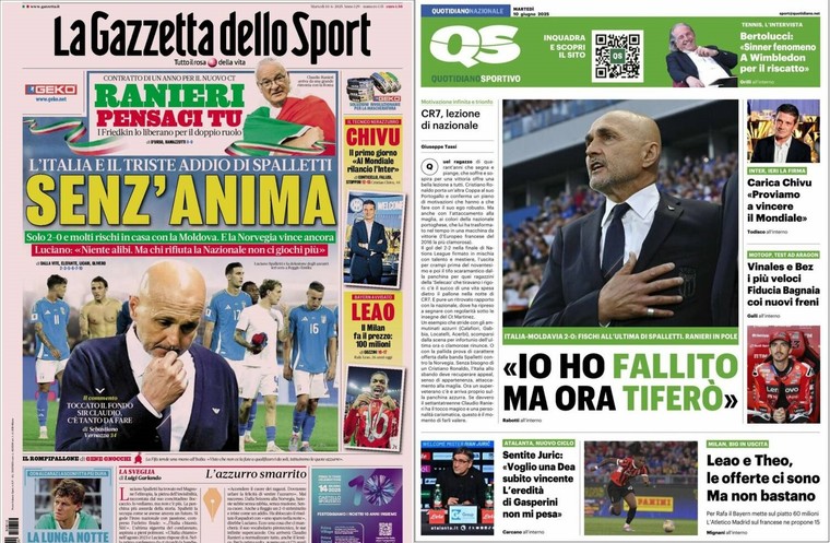 'Zonder ziel', kopt La Gazzetta dello Sport groot op zijn voorpagina. 'Ik heb gefaald, nu ben ik weer supporter', quote Quotidiano Sportivo.