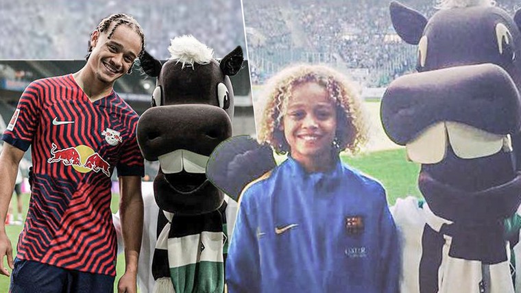 Xavi Simons en de mascotte van Borussia Mönchengladbach zijn herenigd