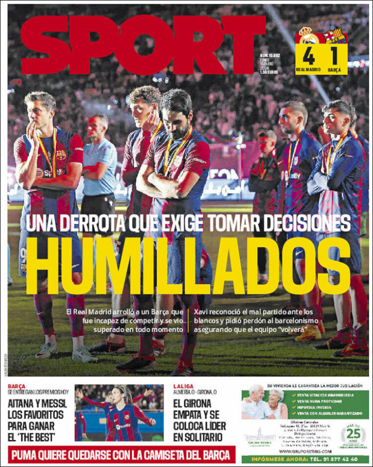 Sport is op de voorpagina duidelijk: Barcelona werd vernederd door Real Madrid. 