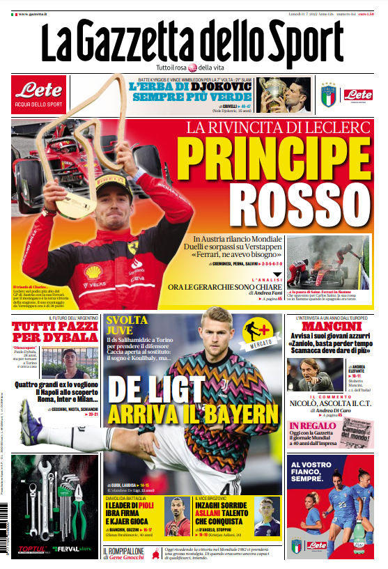 Onder Formule 1-coureur Charles Leclerc siert Matthijs de Ligt de cover van La Gazzetta dello Sport.