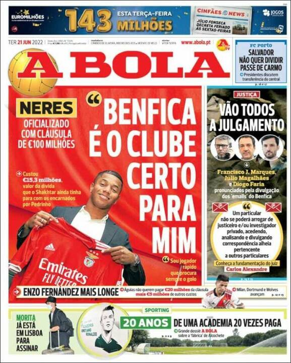 De voorpagina van de Portugese krant A Bola.