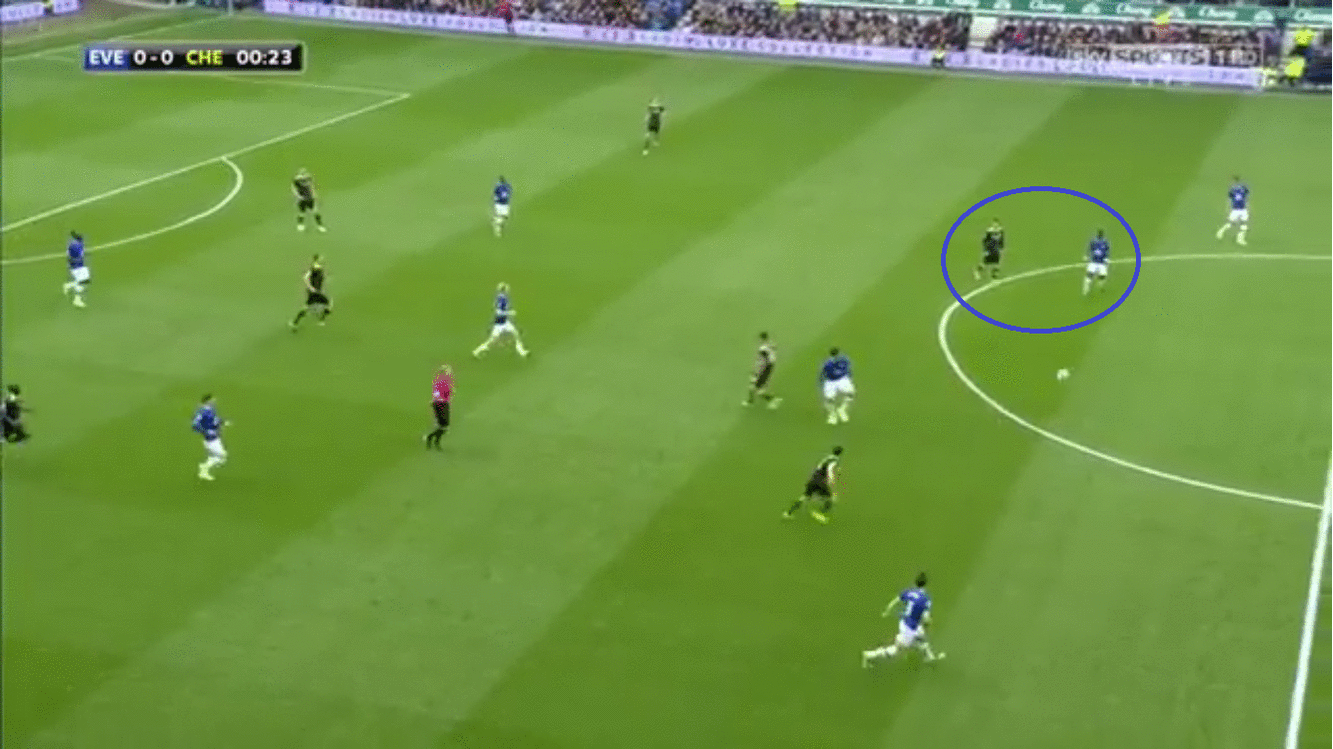 Idrissa Gueye wijkt tegen Chelsea geen moment van de zijde van Eden Hazard.