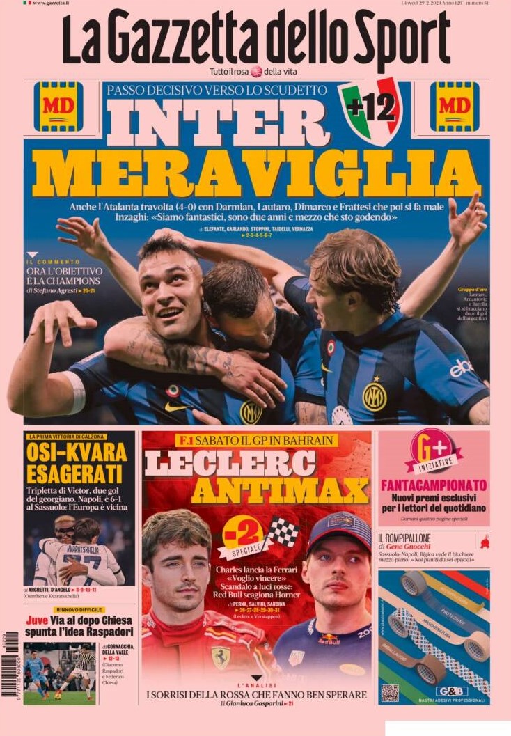 De Gazzetta dello Sport kopt groots met het &#039;wonder Inter&#039;. 