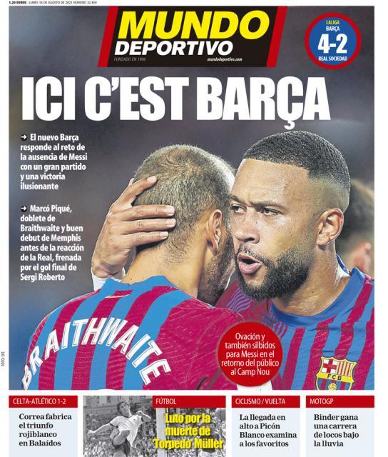 Een knipoog in de richting van Parijs op de voorpagina van El Mundo Deportivo: &#039;Hier is Barcelona&#039;. 