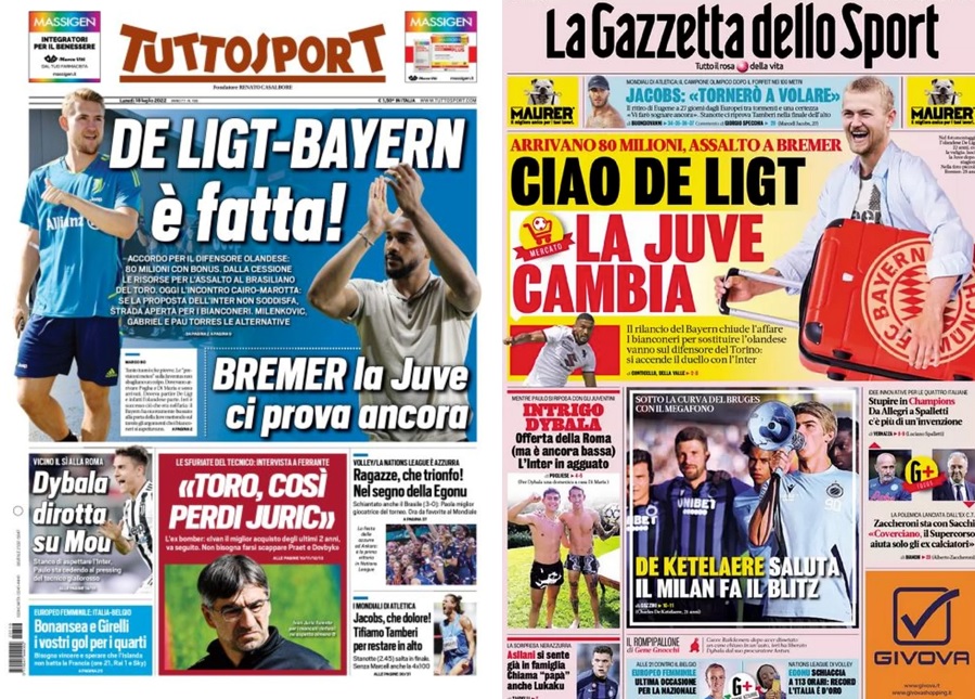 De covers van de maandagedities van Tuttosport en La Gazzetta dello Sport.
