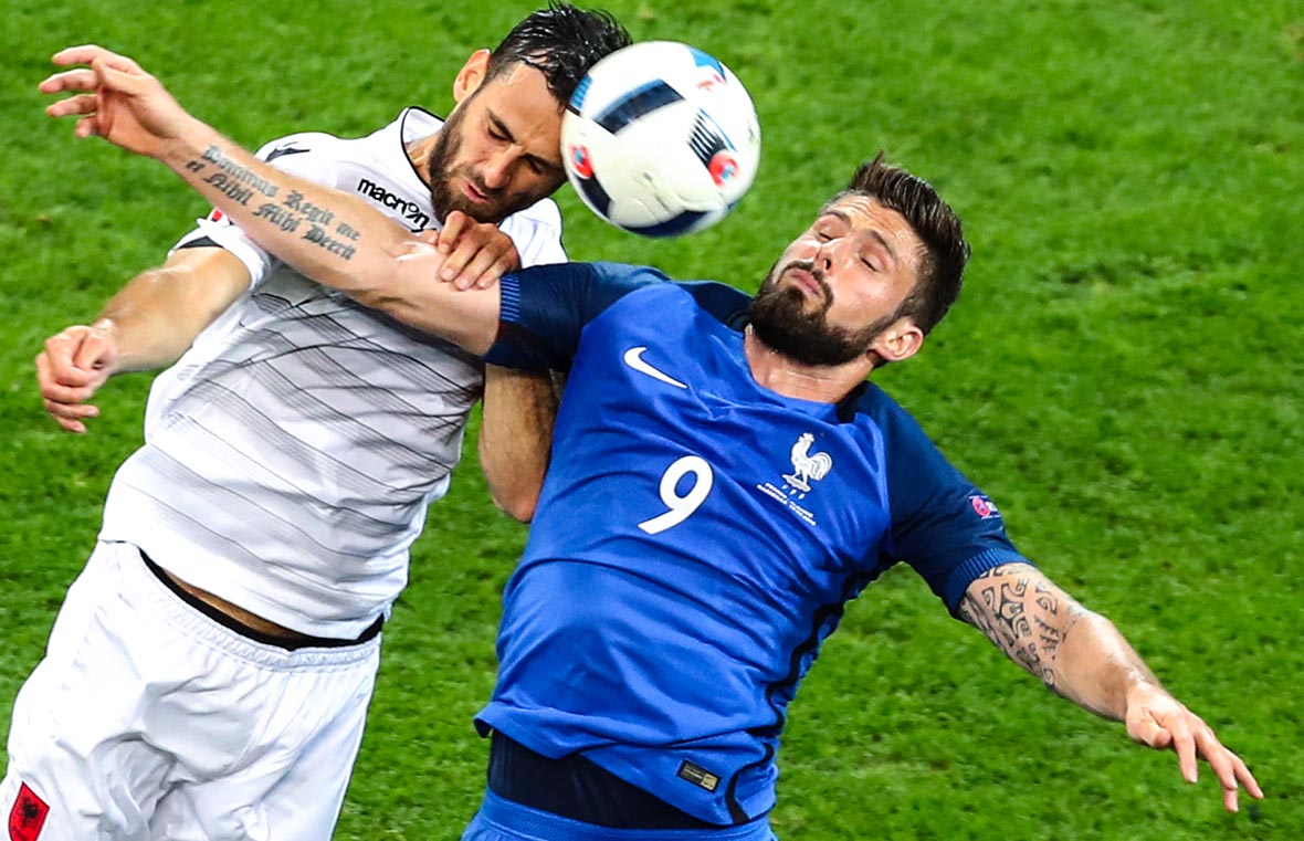 Spits Olivier Giroud kon geen potten breken in het duel met Albanië en werd na 77 minuten vervangen voor André-Pierre Gignac.