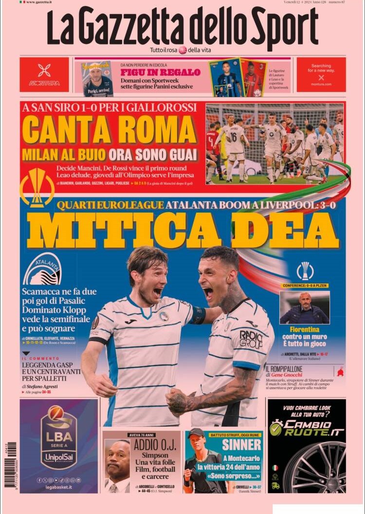 De Gazzetta dello Sport van vrijdag, met Marten de Roon en Gianluca Scamacca op de voorpagina. 