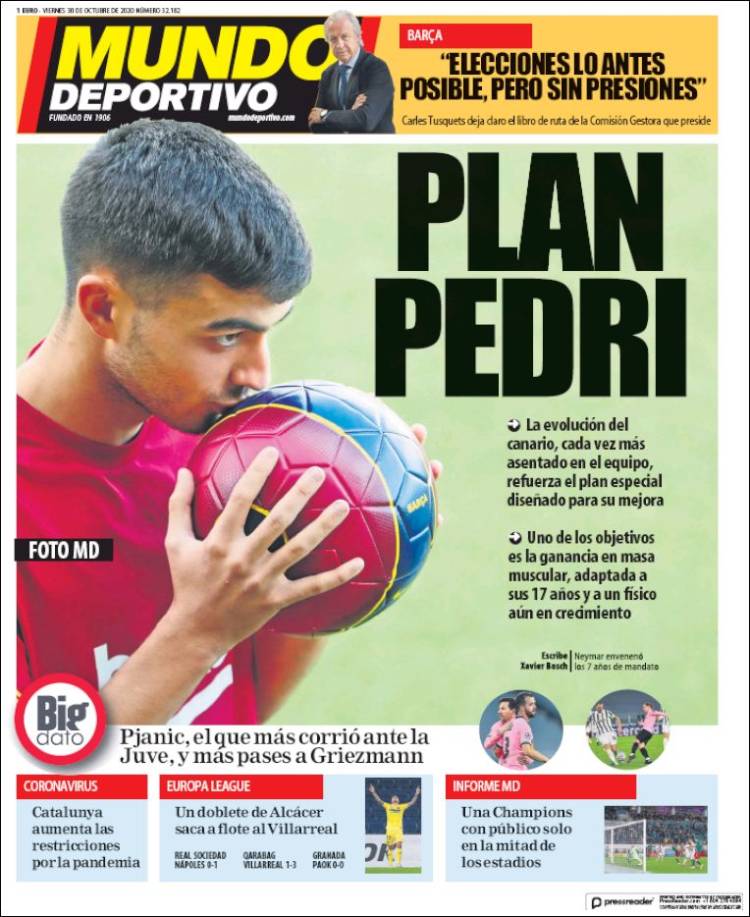 De cover van Mundo Deportivo, met daarop ruim aandacht voor Pedri. 
