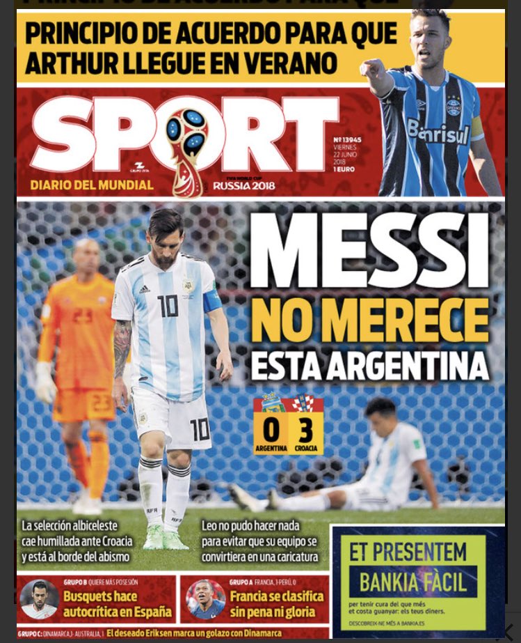 Het Spaanse Sport is mild voor Messi. Messi verdient dit Argentinië niet&#039;, kopt de krant. &#039;Leo kon niets doen om te voorkomen dat zijn team van zichzelf werd.&#039;