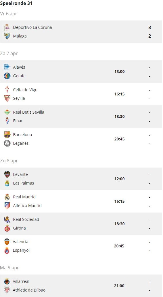 Het programma in speelronde 31 van La Liga.