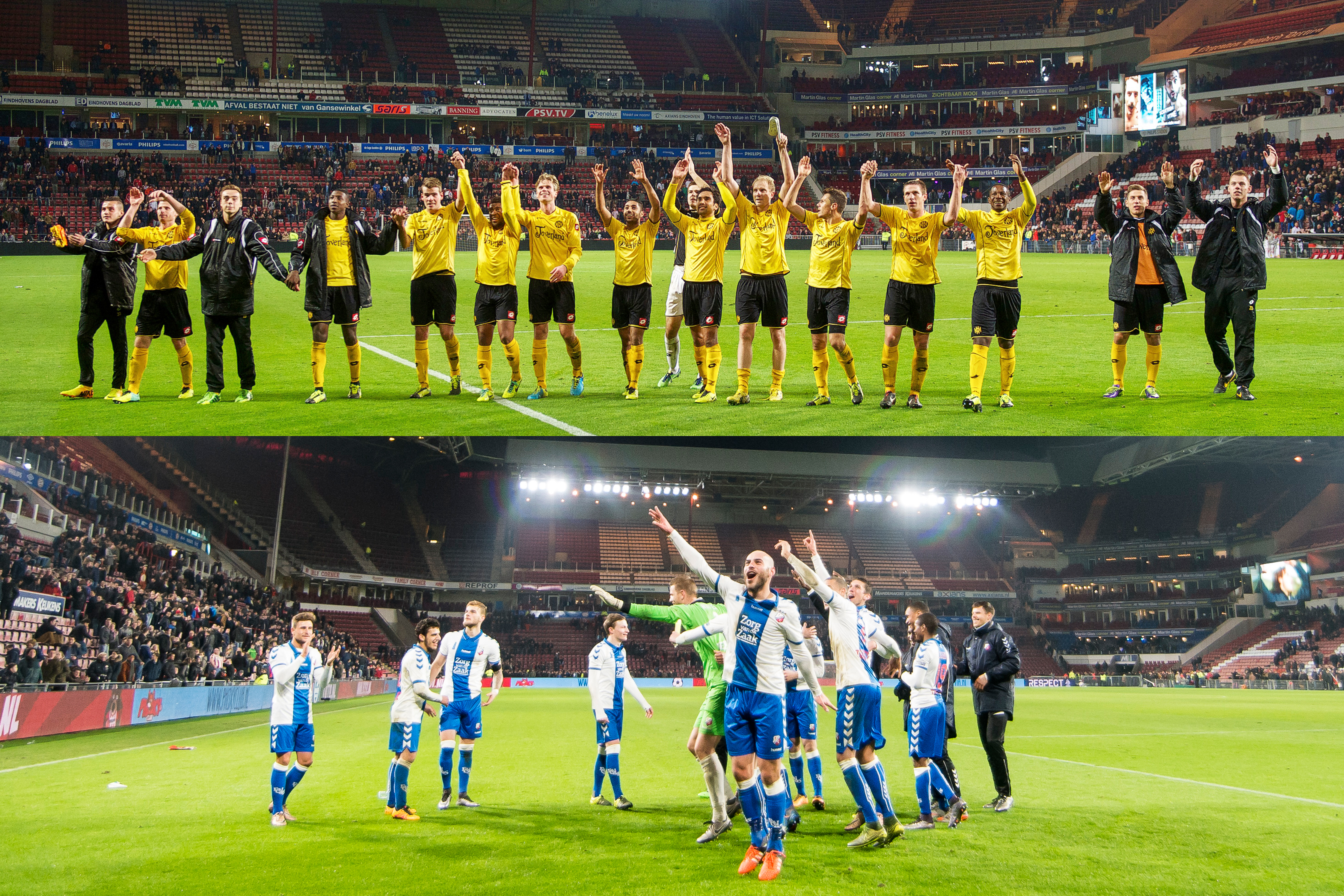Roda JC (boven, 2013) en FC Utrecht (onder, 2016) vieren hun bekerzeges in het Philips Stadion.