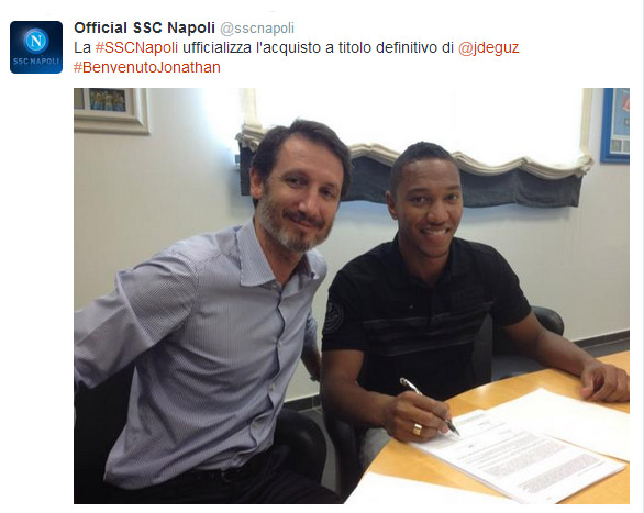 Napoli verwelkomde haar nieuwste aanwinst Jonathan de Guzman op Twitter. &#039;Ik ben blij hier te zijn en groet alle fans van Napoli. Ik kan niet wachten op mijn debuut&#039;, aldus De Guzman op de clubwebsite.