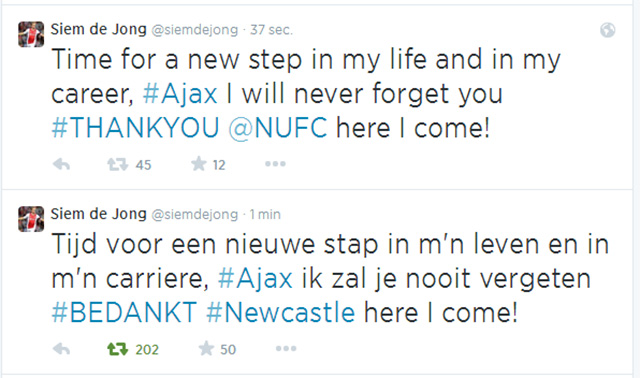 Siem de Jong bevestigde later op de avond dat hij vertrekt. Hij bedankt Ajax en kijkt uit naar zijn nieuwe club.