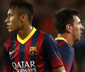 Het tweekoppige aanvalsmonster van Barcelona: Neymar/Messi.