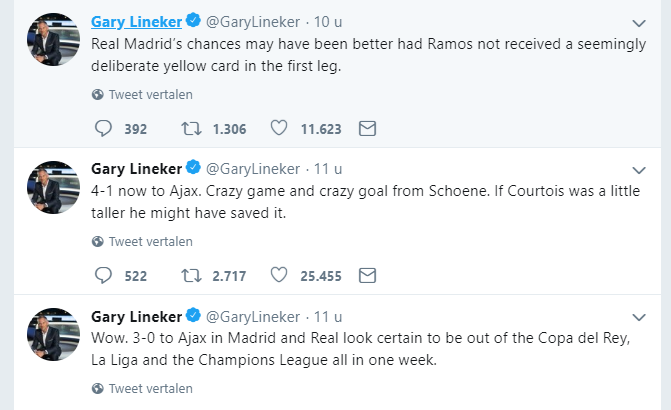 BBC-presentator Gary Lineker kon op Twitter nauwelijks geloven wat er gebeurde in Madrid. 