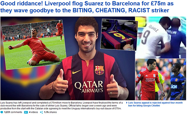 Voor de tabloids was Suarez uiteraard voer voor de nodige sensatiestukken. Zo kopte de Daily Mail: &#039;Opgeruimd staat netjes!&#039;