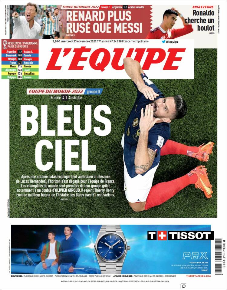 De cover van L&#039;Équipe met een juichende Olivier Giroud: &#039;Hemelsblauw&#039;.