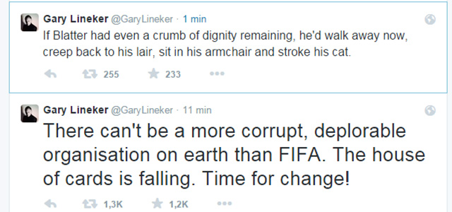 Gary Lineker windt er geen doekjes om: Sepp Blatter moet vertrekken.