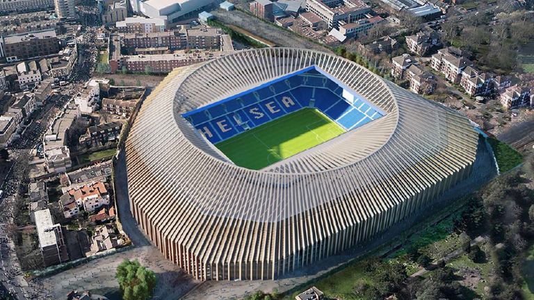Een ontwerp van het nieuwe Stamford Bridge.