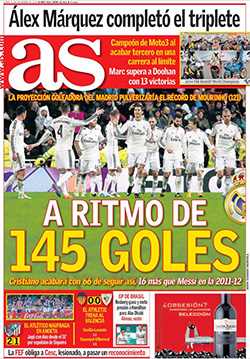 De cover van de Spaanse sportkrant AS vandaag: op koers voor 145 goals.