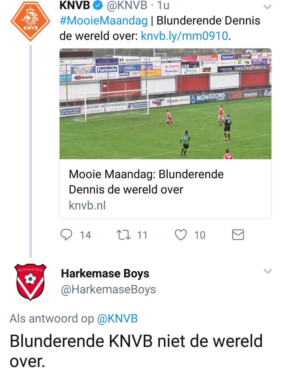 De tweet van de KNVB en de gevatte reactie van Harkemase Boys.
