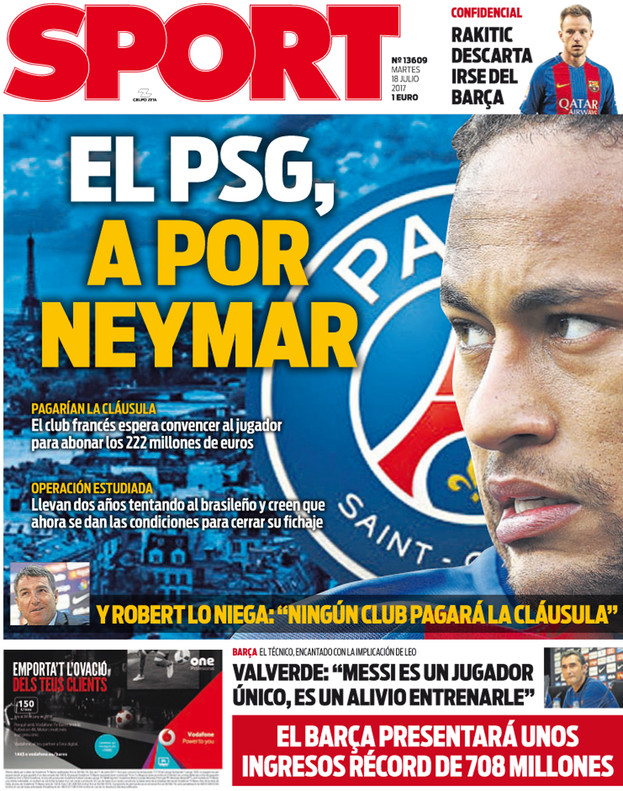 De Catalaanse Sport opent dinsdag met de mogelijke transfer van Neymar.
